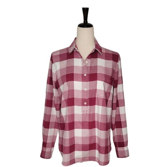 J. Crew Purple Plaid 100% Cotton Half Button Down Long Sleeve Tunic Top - Picture 1 of 7